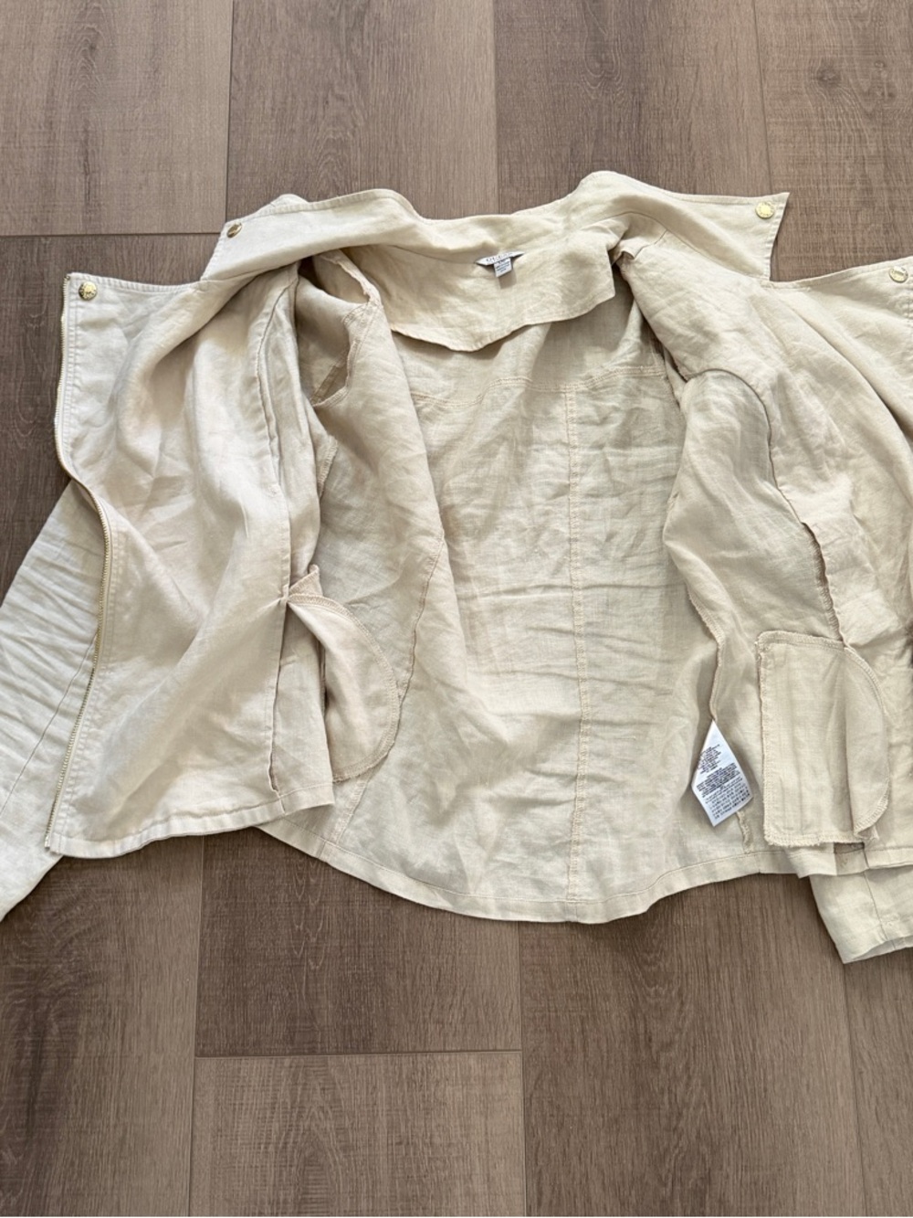 GUESS Womens 100% Linen Moto Biker Full Zip Beige Jacket Size L Gold Zip Utility - Picture 5 of 12
